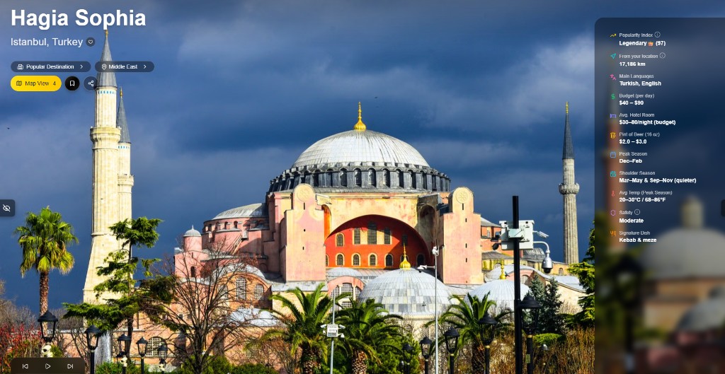 TravelRoulette destination view for Hagia Sophia in Istanbul with photos and travel stats